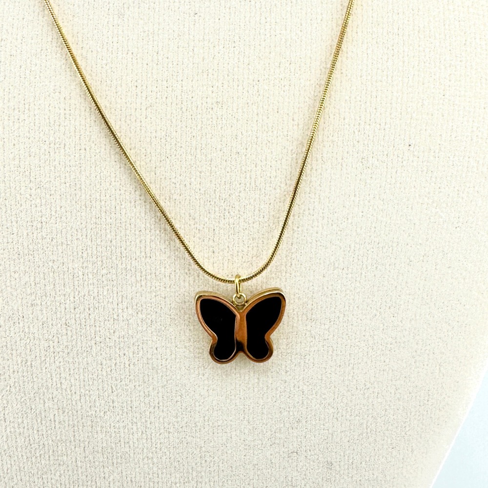 Gold‎ Tone Butterfly Pendant Necklace Black Inlay Snake Chain